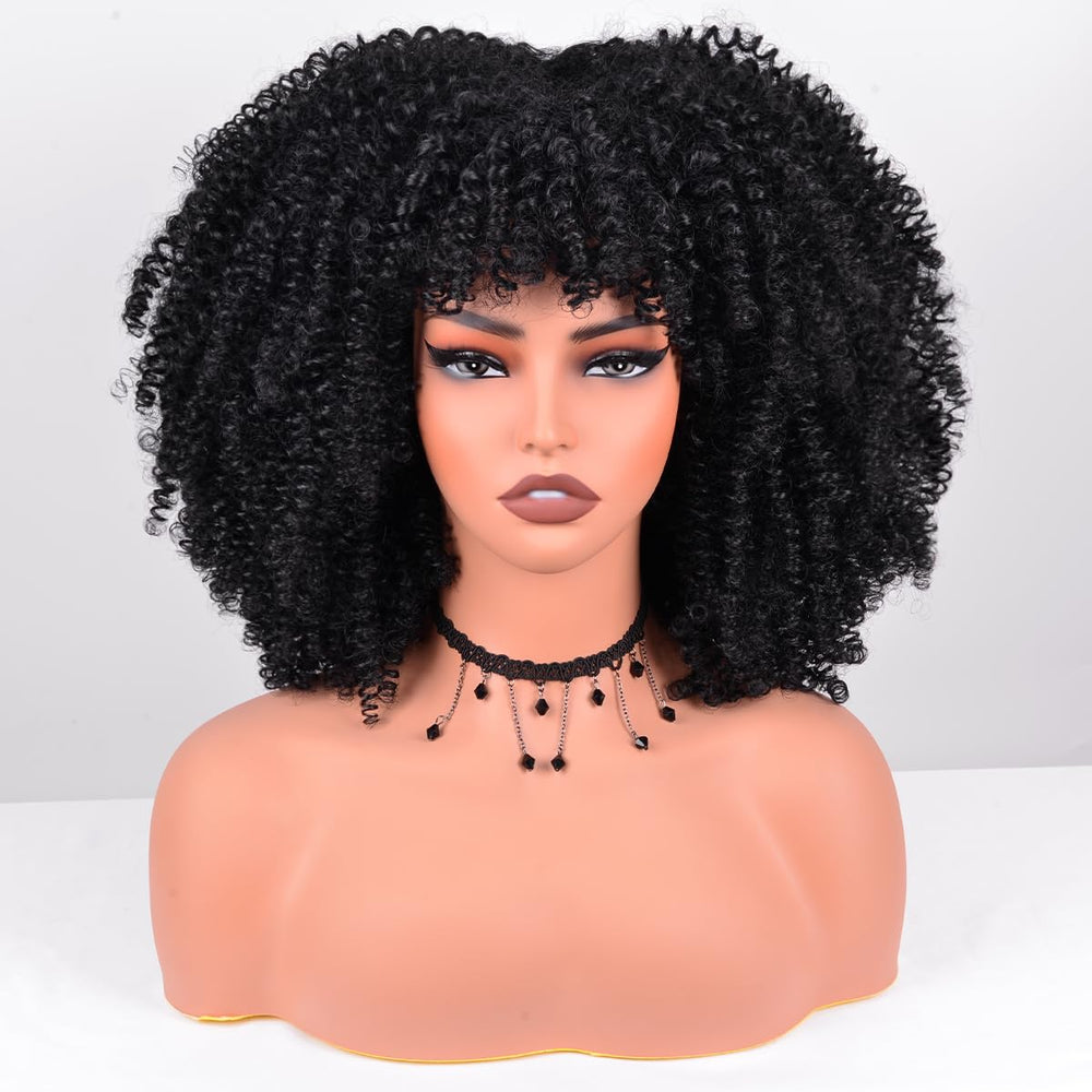 Vitorish Afro Curly Wig bangs closeup highlights the stylish fringe for instant frame