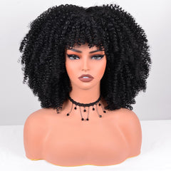 Vitorish Afro Curly Wig bangs closeup highlights the stylish fringe for instant frame