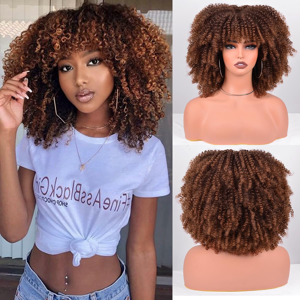 Vitorish Afro wig 12-inch kinky curly ombre brown front view showing natural fullness for daily wear