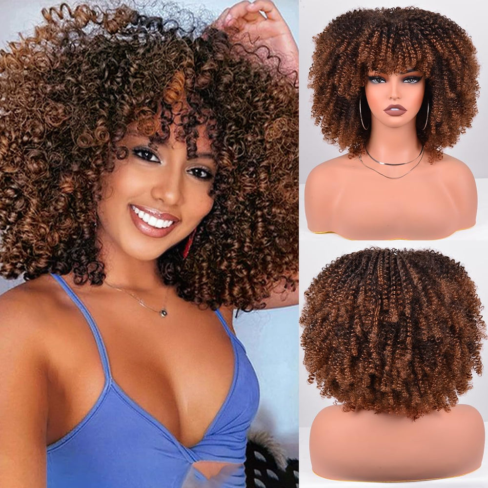 Vitorish 12in curly afro wig with bangs for daily wear versatility