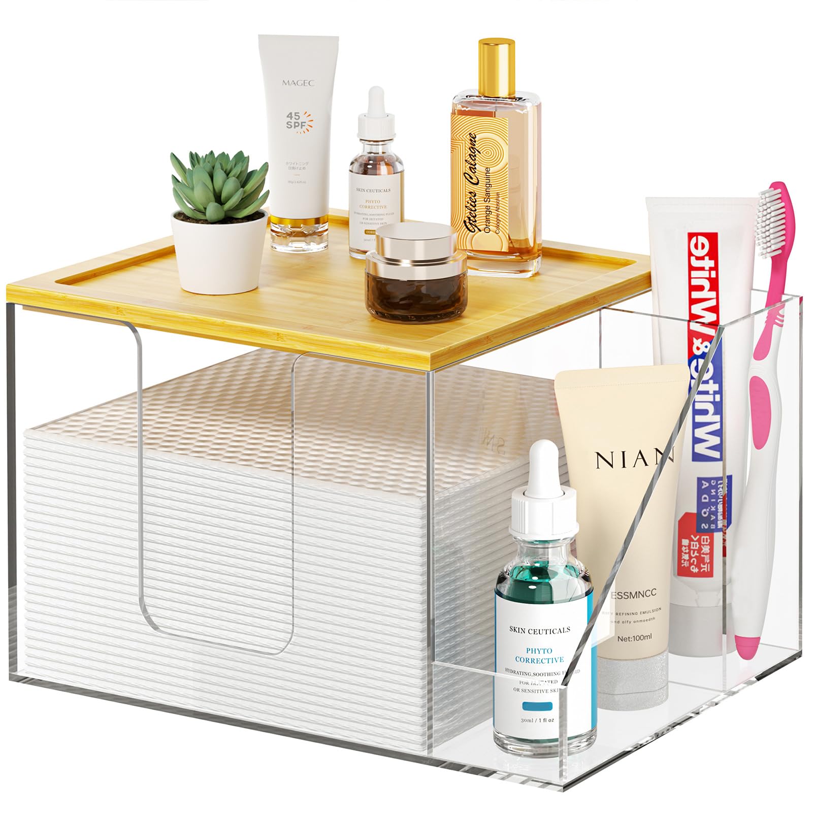 VITVITI disposable face towel holder box front view with dual towel and toothbrush storage for a clutter-free vanity