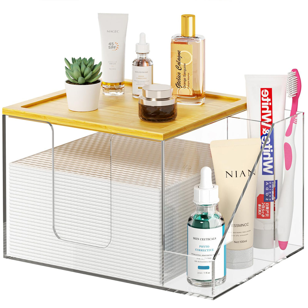 VITVITI disposable face towel holder box front view with dual towel and toothbrush storage for a clutter-free vanity