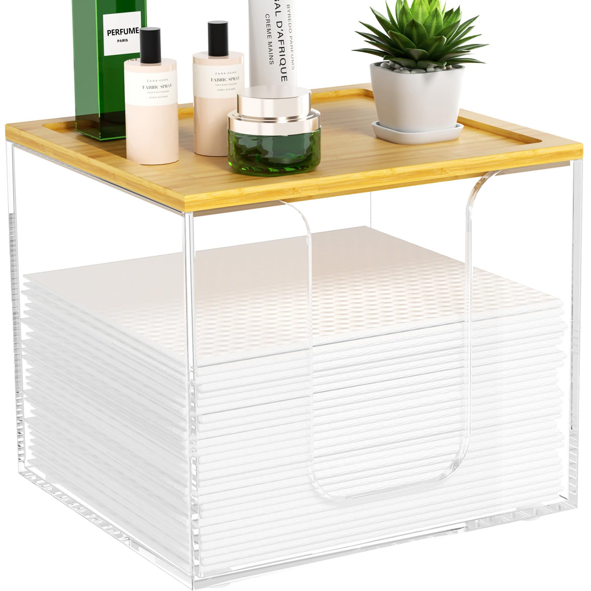 VITVITI face towel holder box front view with clear acrylic for easy towel access.
