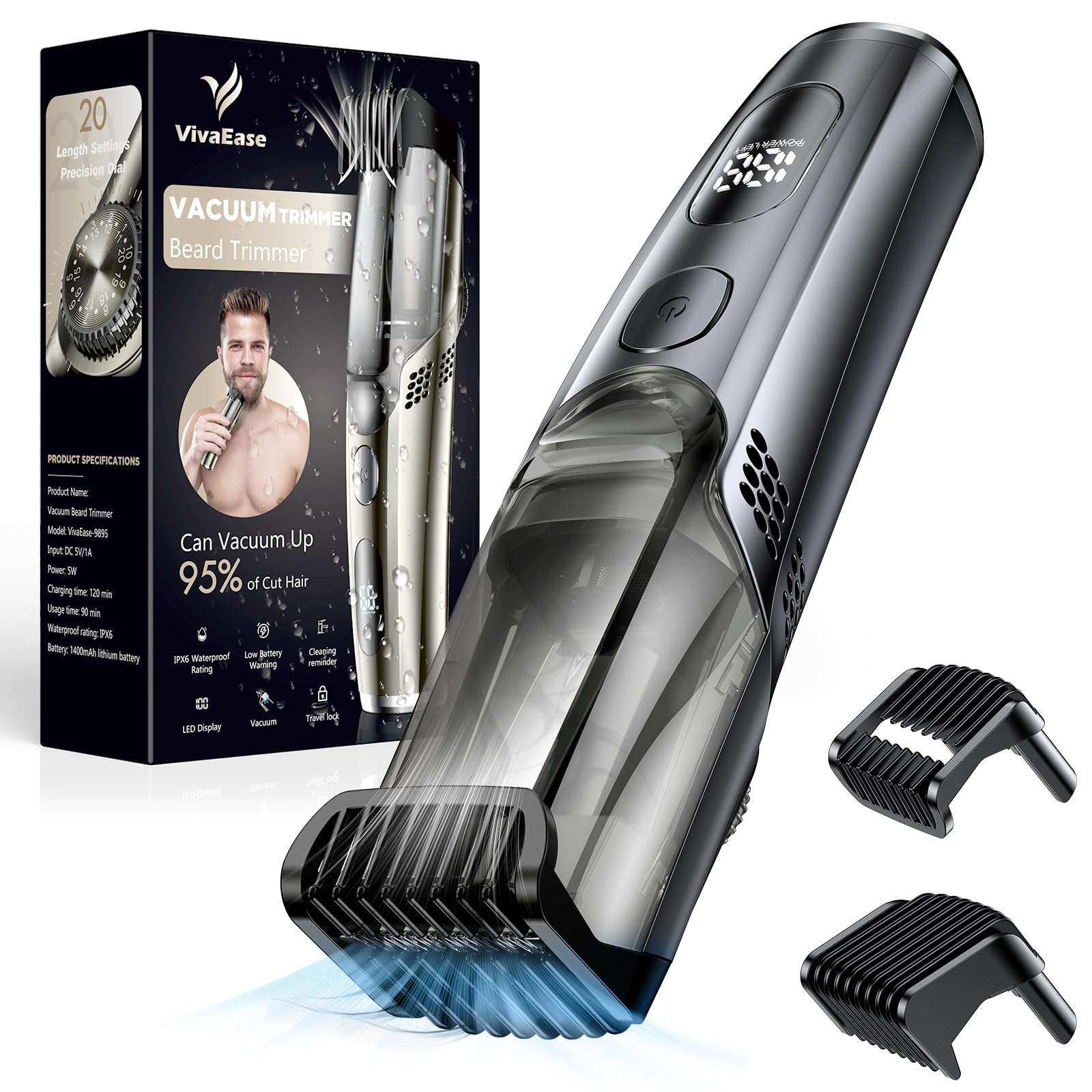 VivaEase vacuum beard trimmer in hand for mess-free grooming and precise trimming