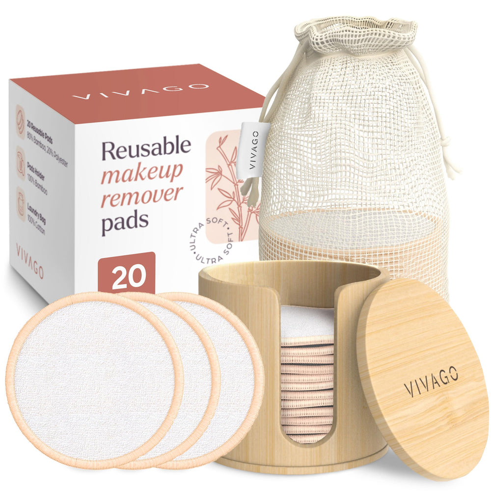 VIVAGO cotton rounds pack closeup, showing soft bamboo blend for gentle cleansing.