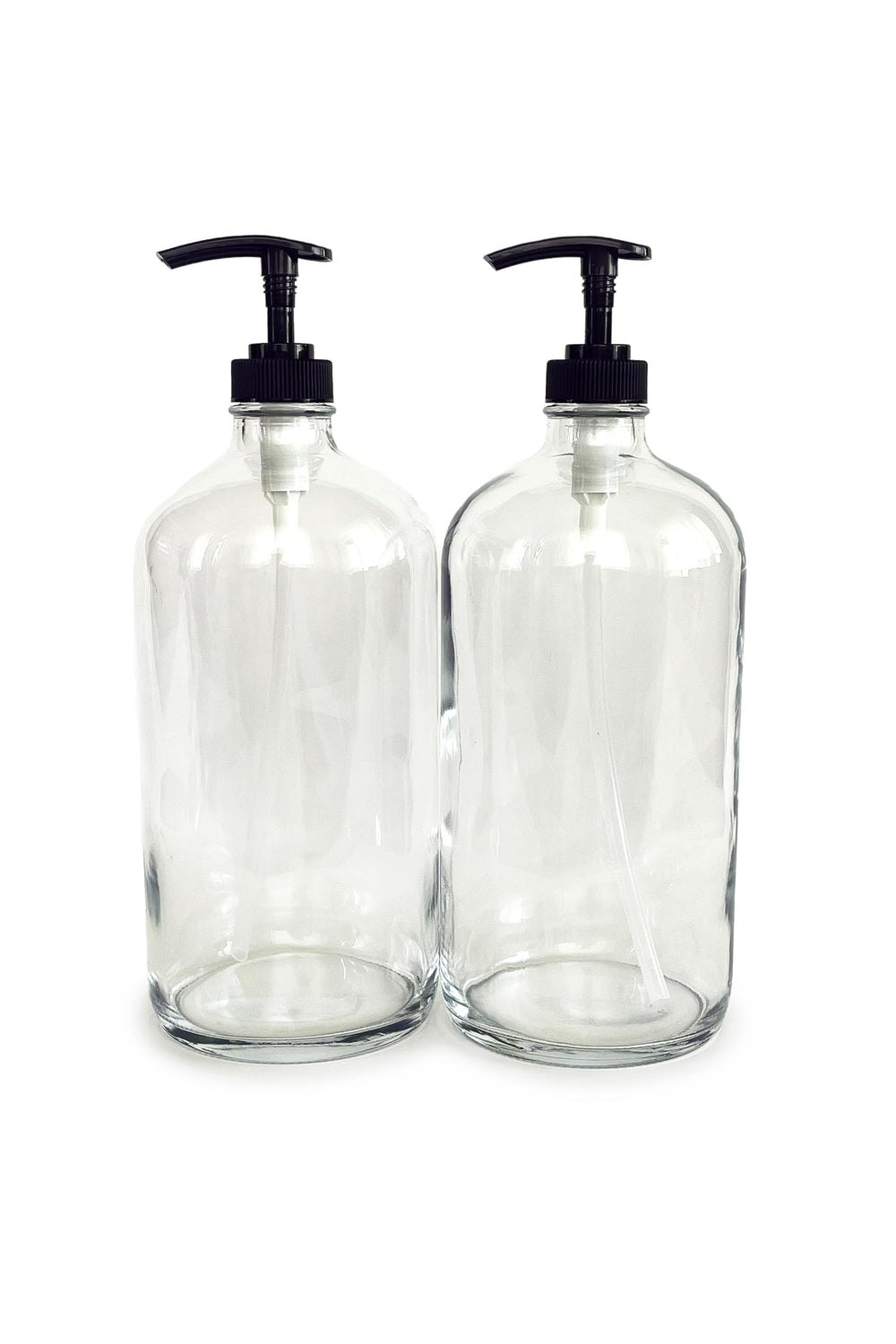 Vivaplex 32oz clear glass bottle with black pump for versatile soaps and lotions.