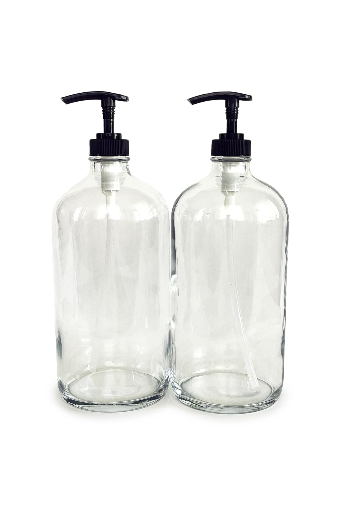 Vivaplex 32oz clear glass bottle with black pump for versatile soaps and lotions.