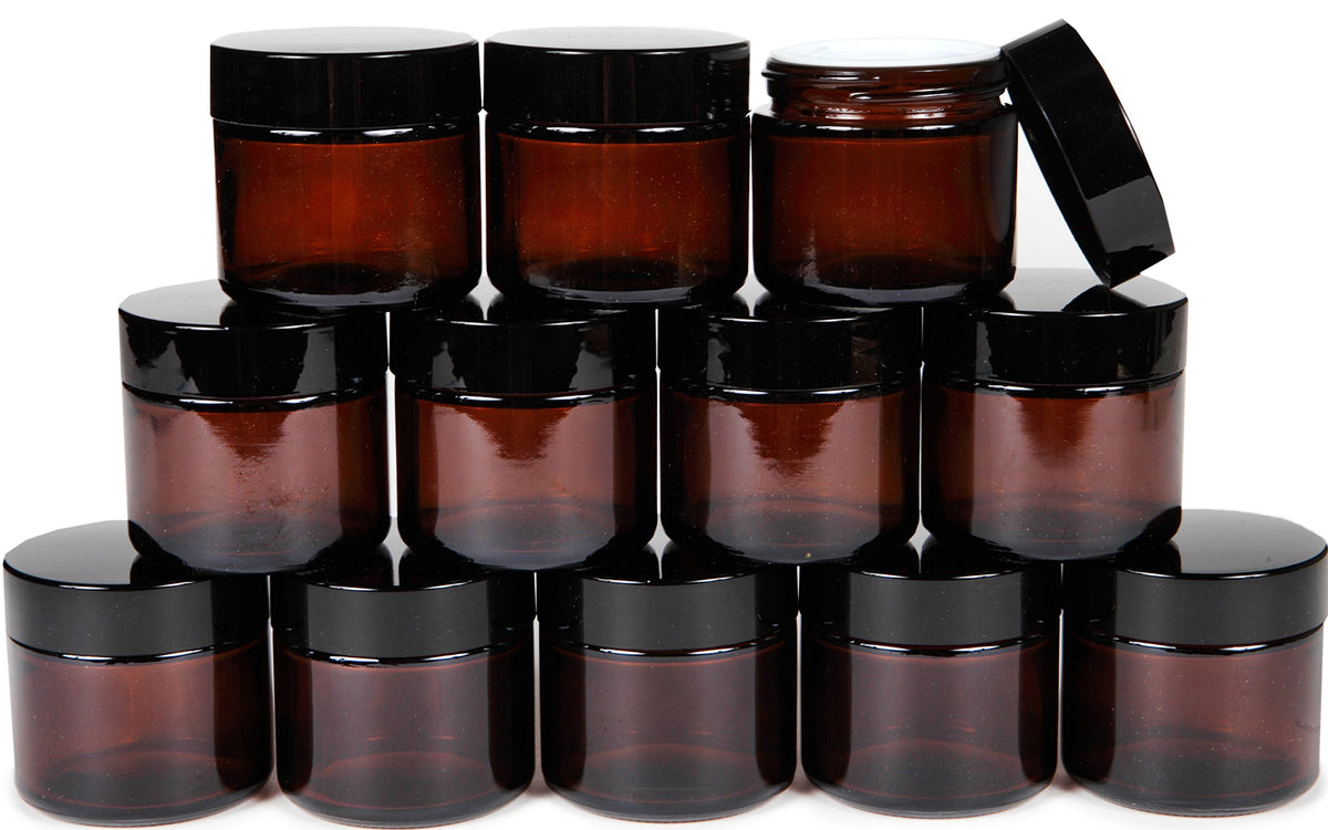 Vivaplex amber 2oz jar with inner liner and dome lid closeup for secure, smell-proof storage of cosmetics.