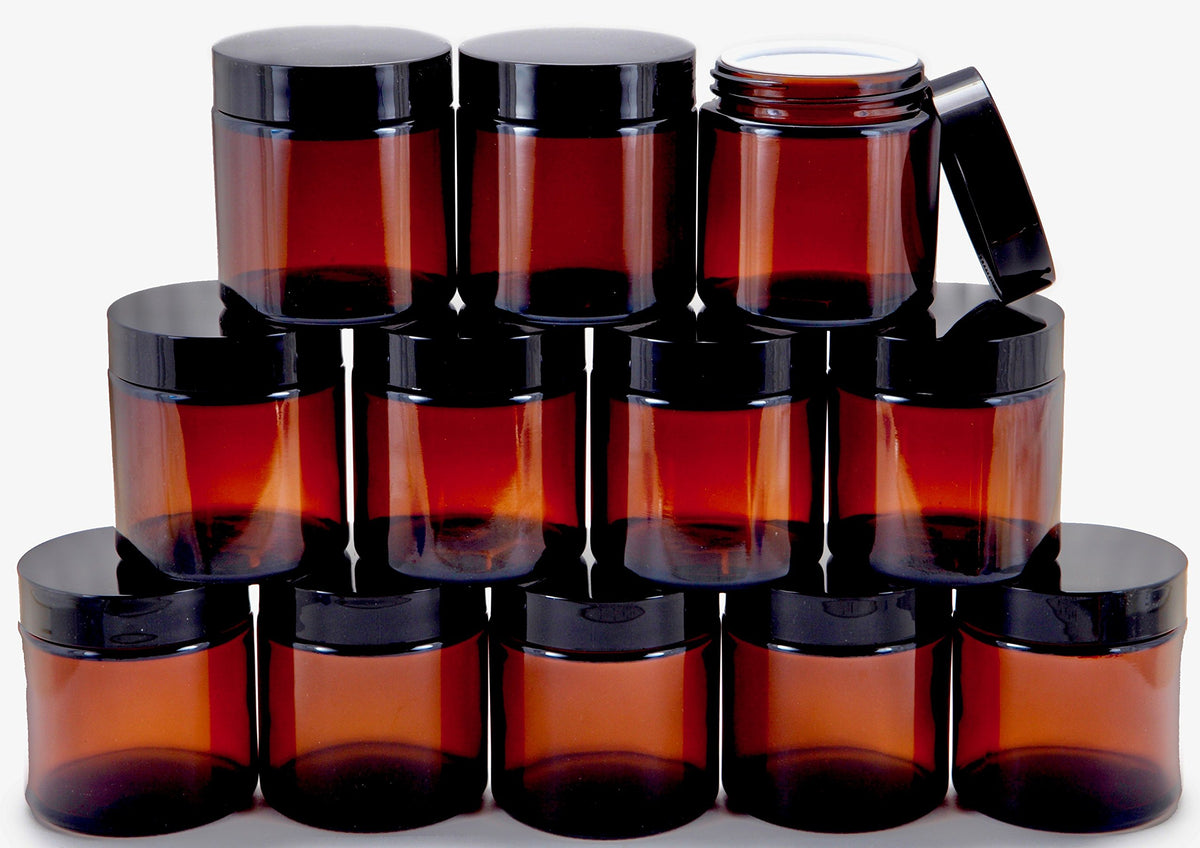 Vivaplex amber 4oz jar with inner liner and dome lid for secure storage.