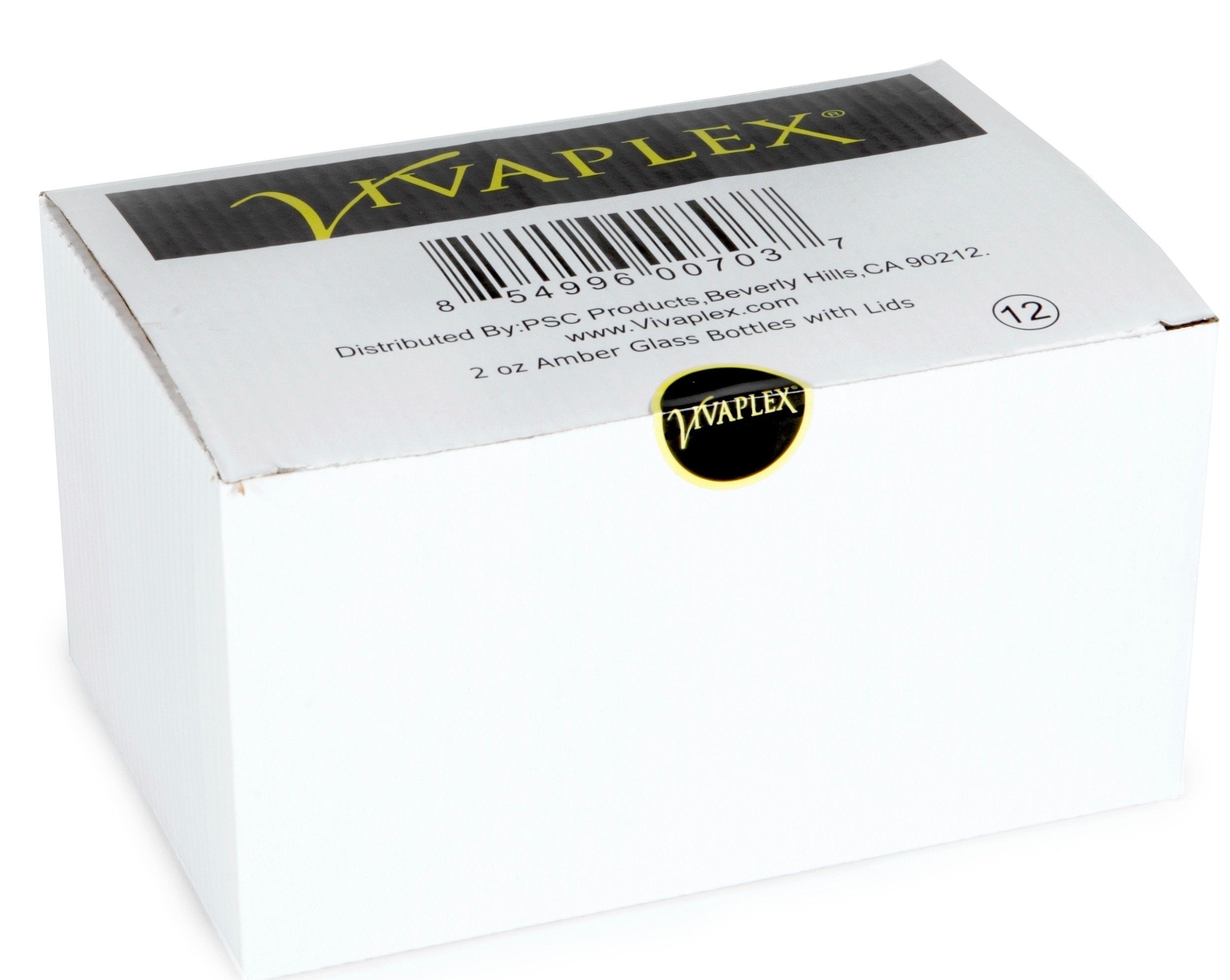 Vivaplex amber bottle 2oz with black lid closeup showing UV protection benefits.