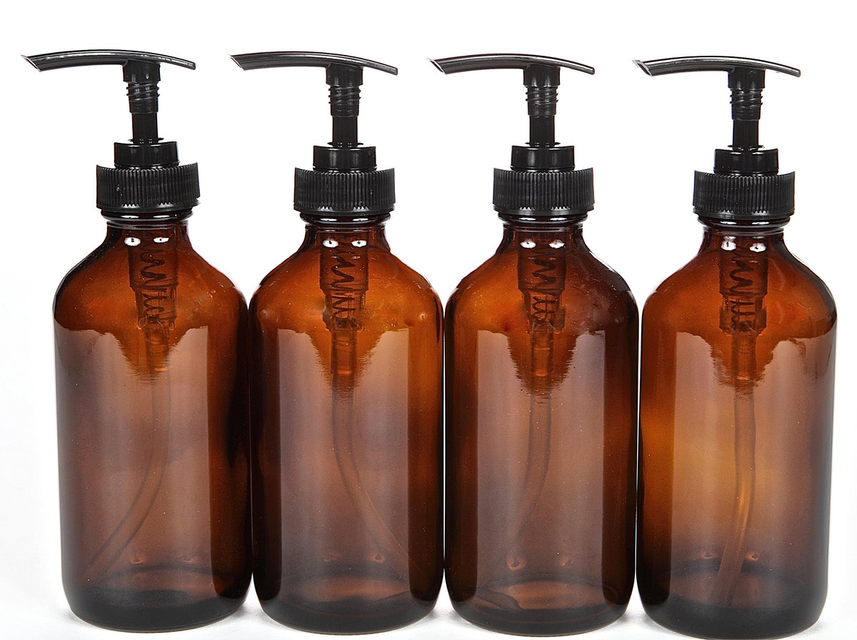 Vivaplex amber glass bottle with black pump for essential oils and blends.