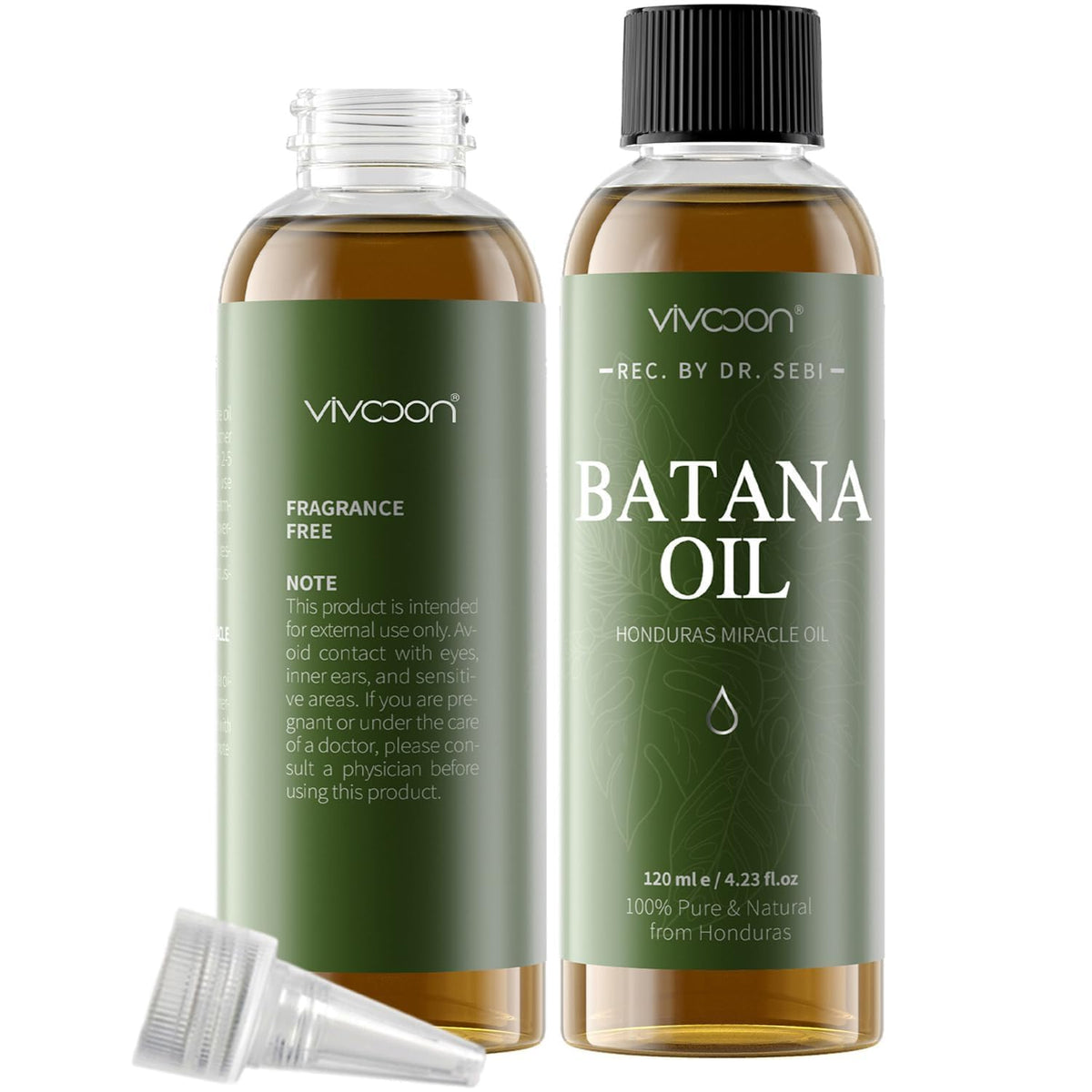 Vivccon Batana Oil bottle image highlights 100% pure raw Batana oil.
