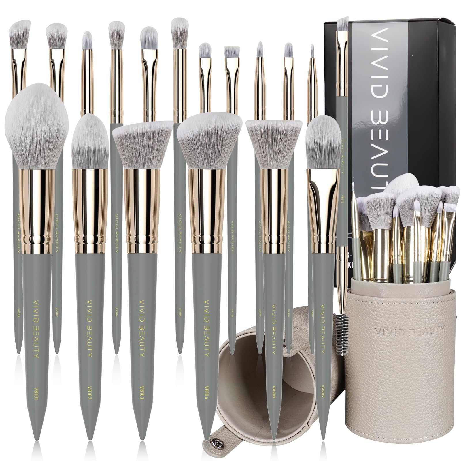 VIVID BEAUTY 18-piece brush set with gray wood handles for versatile face and eye makeup