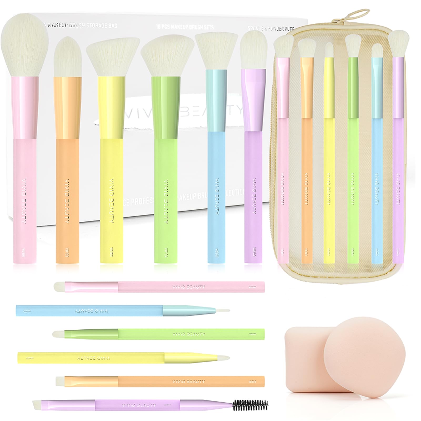 VIVID BEAUTY 18pc makeup brush set in vibrant colors for flawless application.