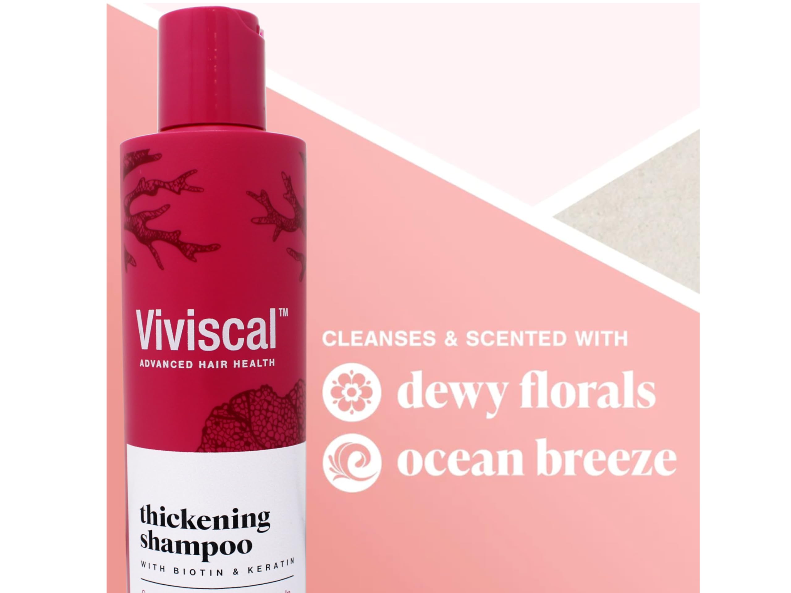 Viviscal densifying shampoo pour action showing product release for thicker-looking strands.