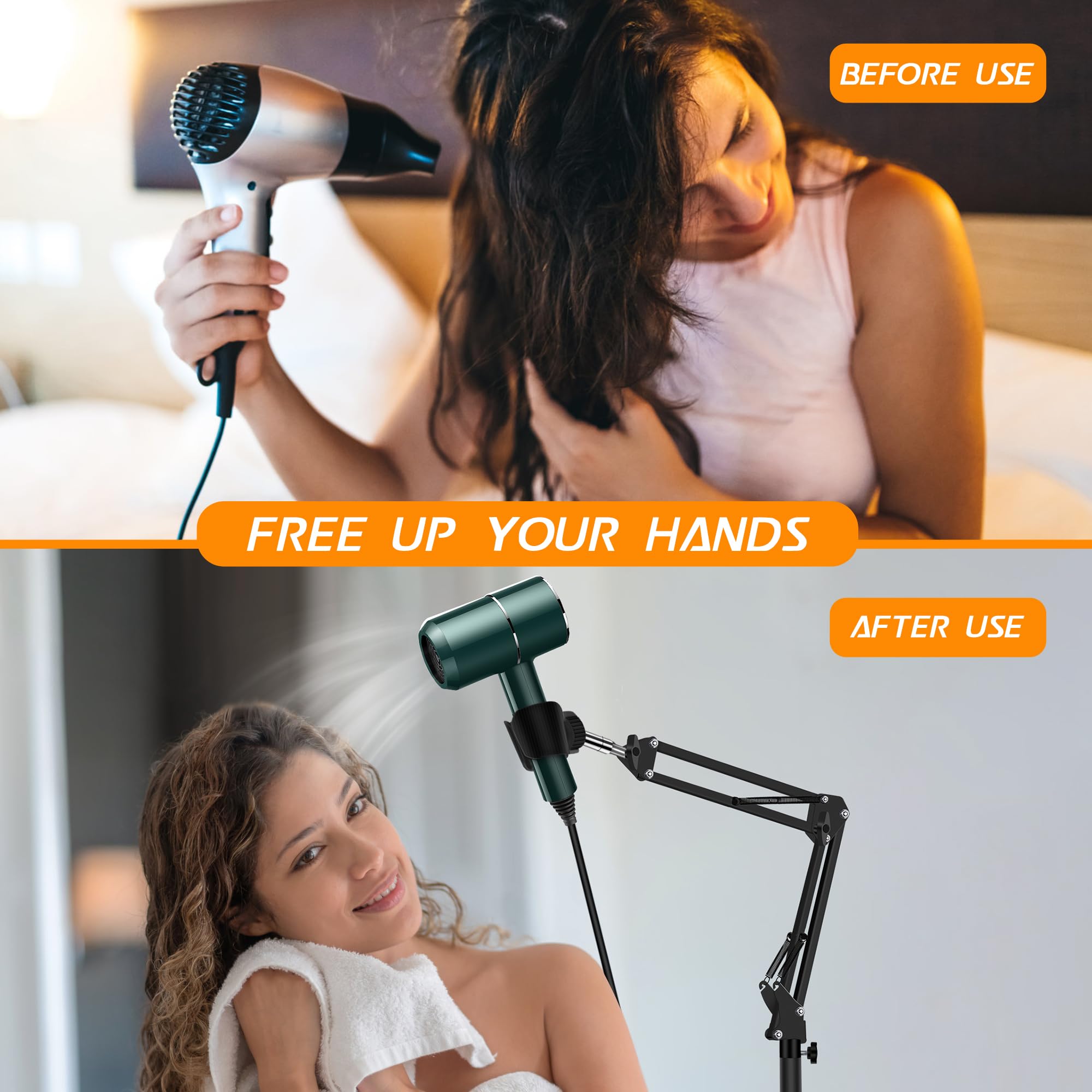 Vivnoon hair dryer stand height adjustment highlights easy reach for comfortable styling.