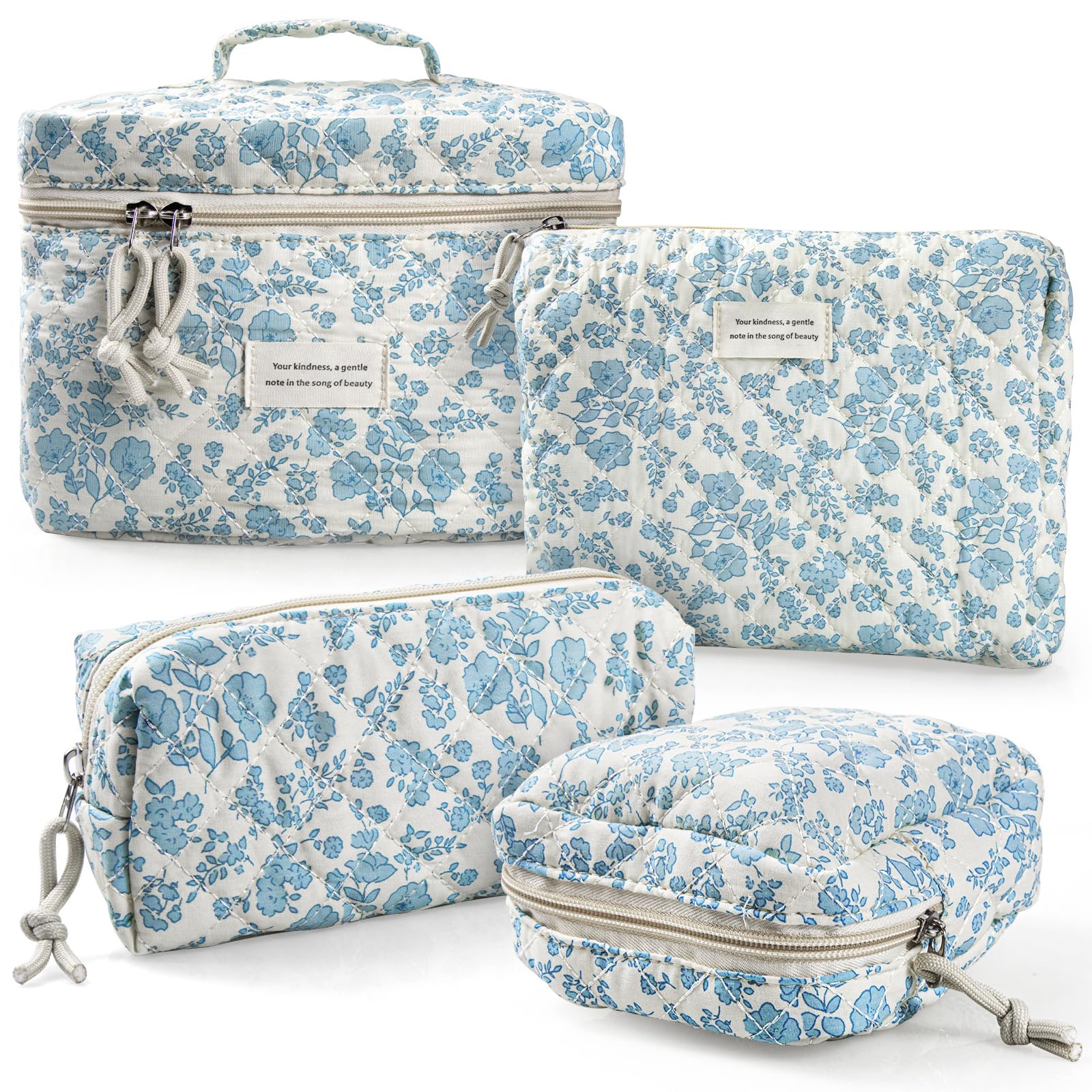 VIWIME makeup bag large cotton quilted sky blue front view, spacious for full-sized cosmetics.