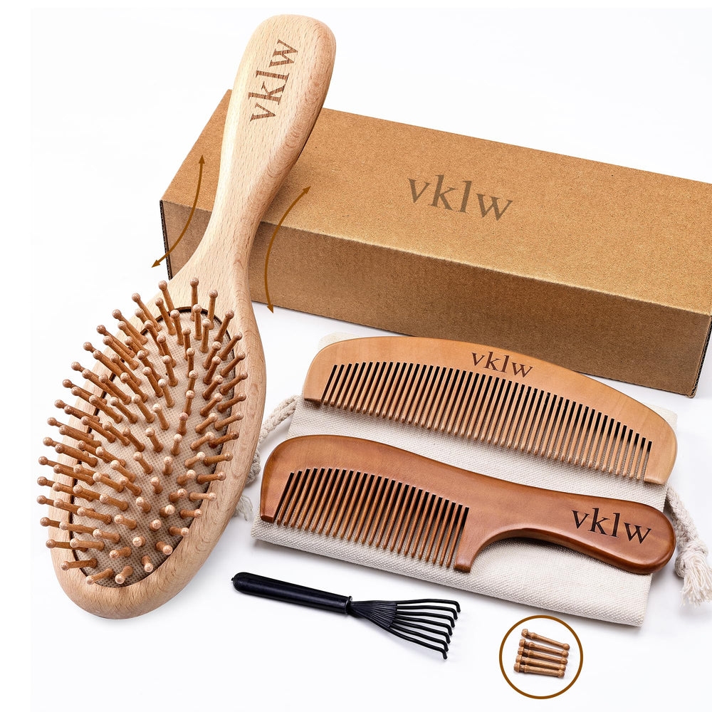 VKLW wooden hair brush, one-piece design, reduces snagging and breakage for smooth tresses.