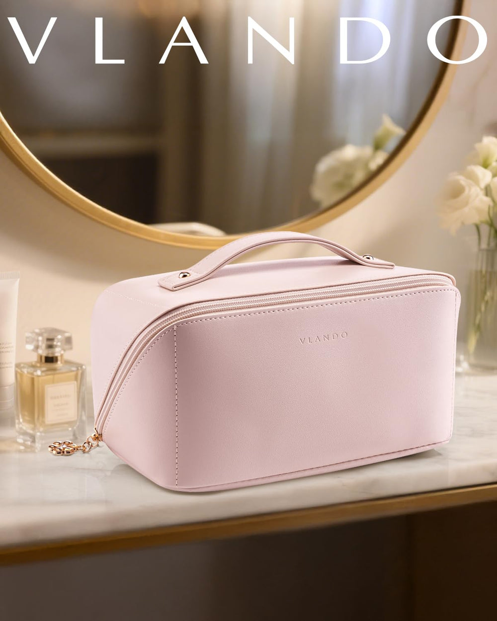 Vlando makeup bag with two compartments keeps cosmetics and brushes neatly organized.
