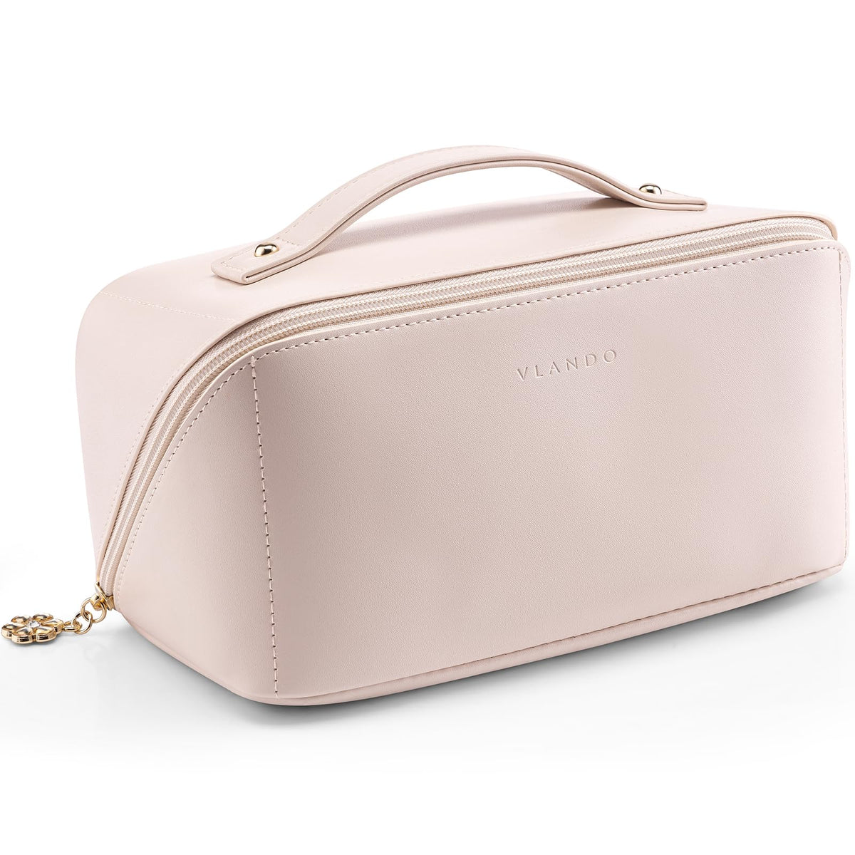 Vlando makeup bag apricot pink front view showing spacious capacity for cosmetics