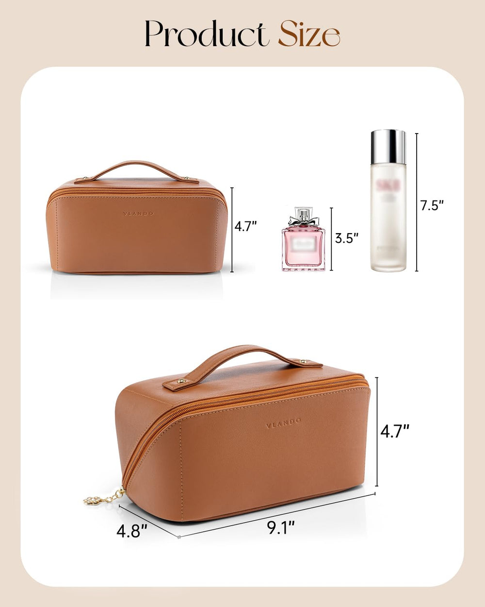 Vlando makeup bag brown leather texture adds a premium look for daily use