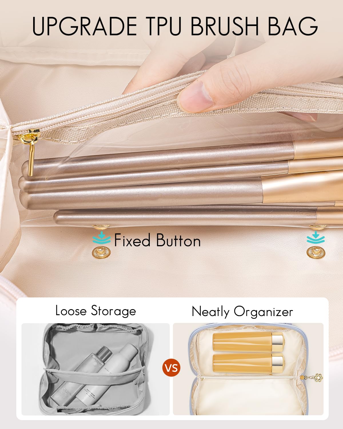 Vlando makeup bag includes a convenient brush pouch for tidy tools.