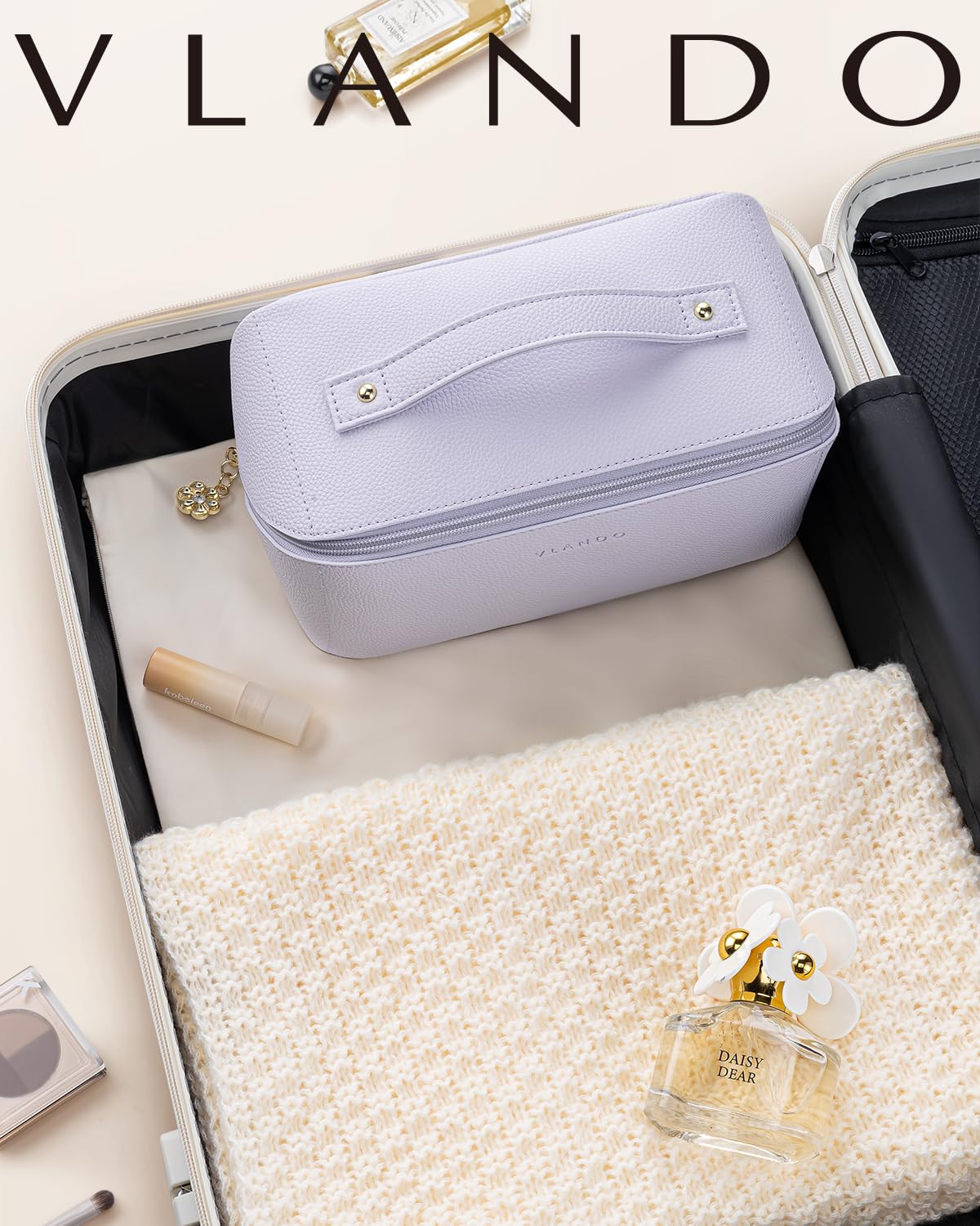 Vlando diagonal metal zipper pulls smoothly for quick packing.