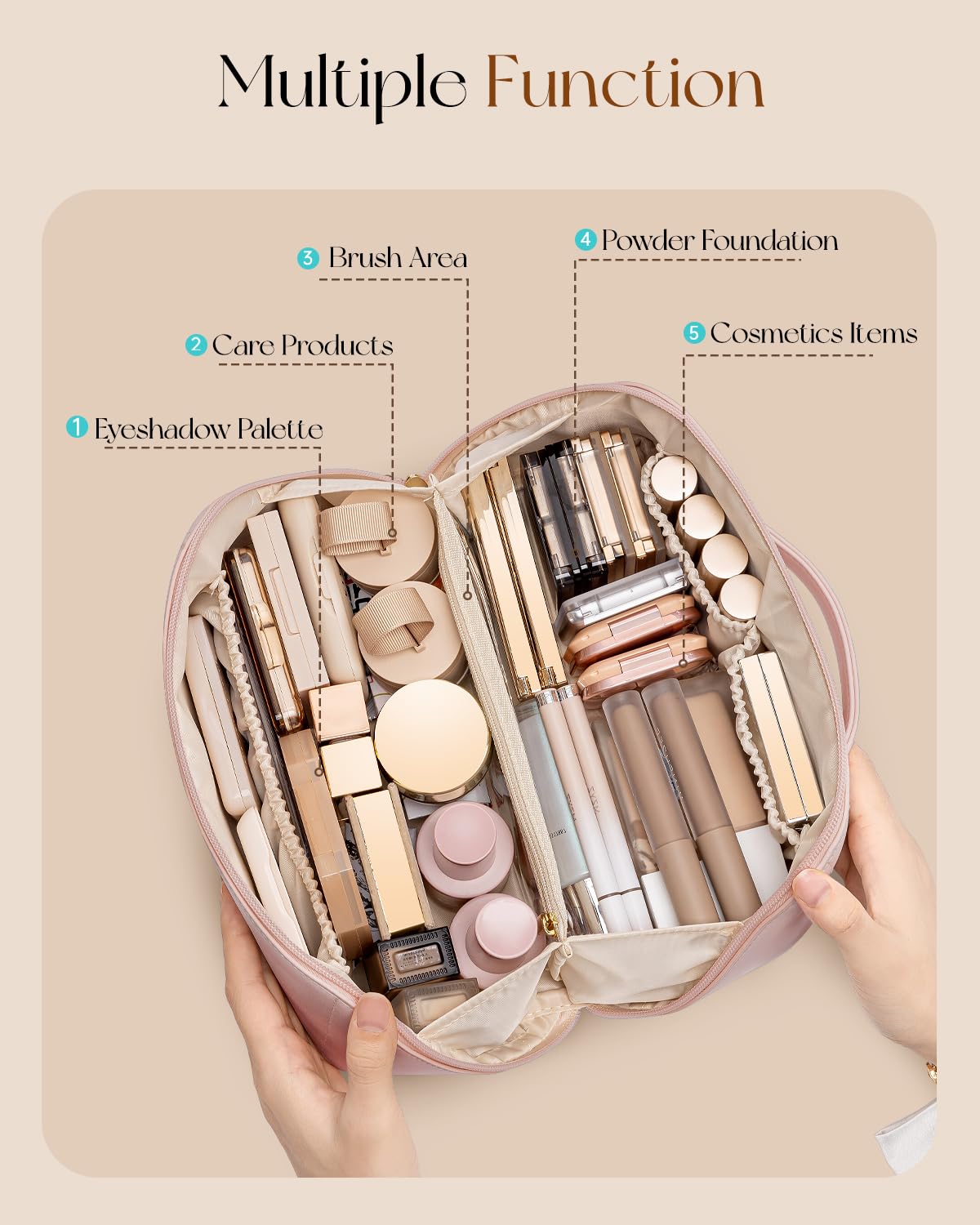 Vlando makeup bag middle pocket securely stores small items and jewelry.