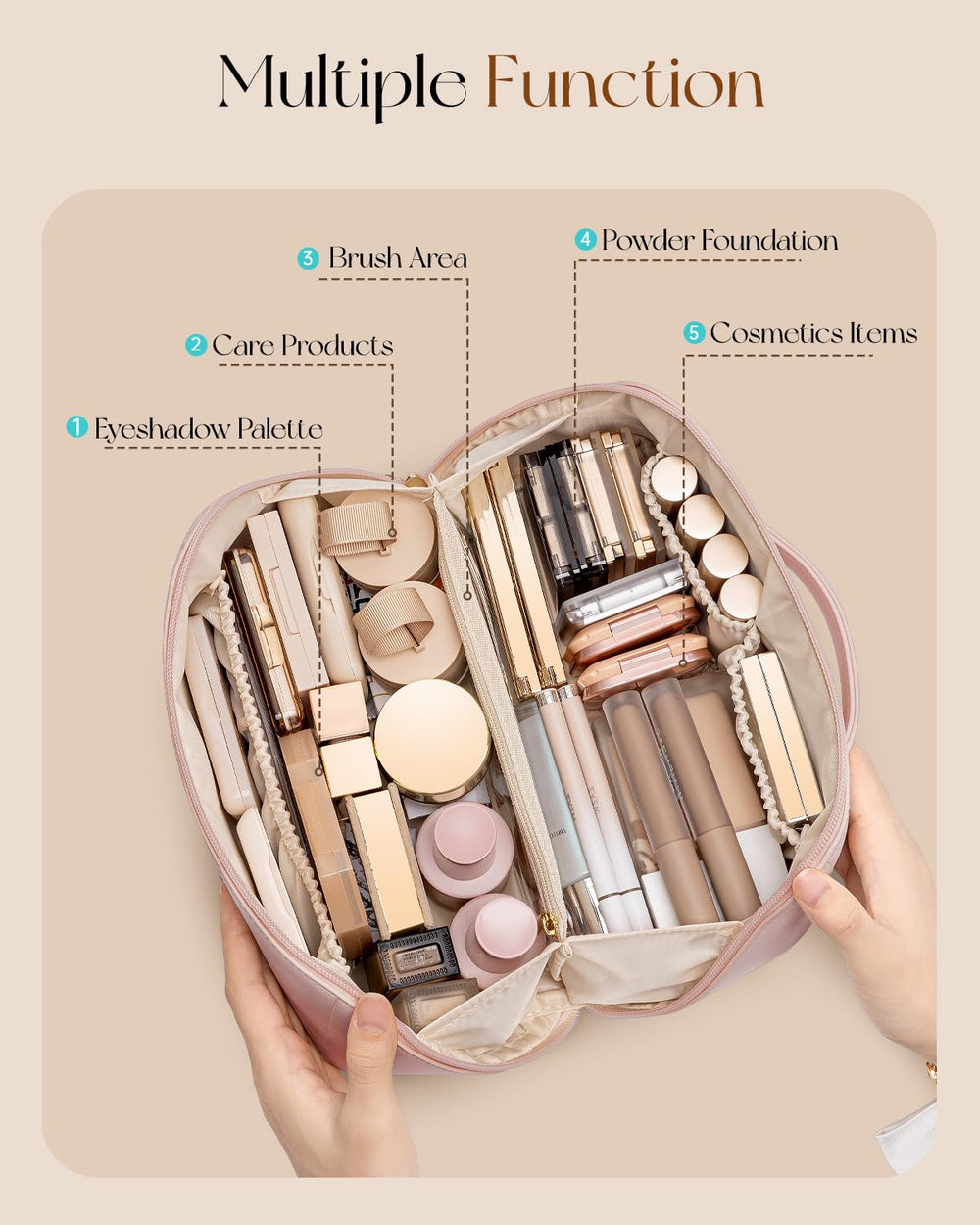 Vlando makeup bag middle pocket securely stores small items and jewelry.