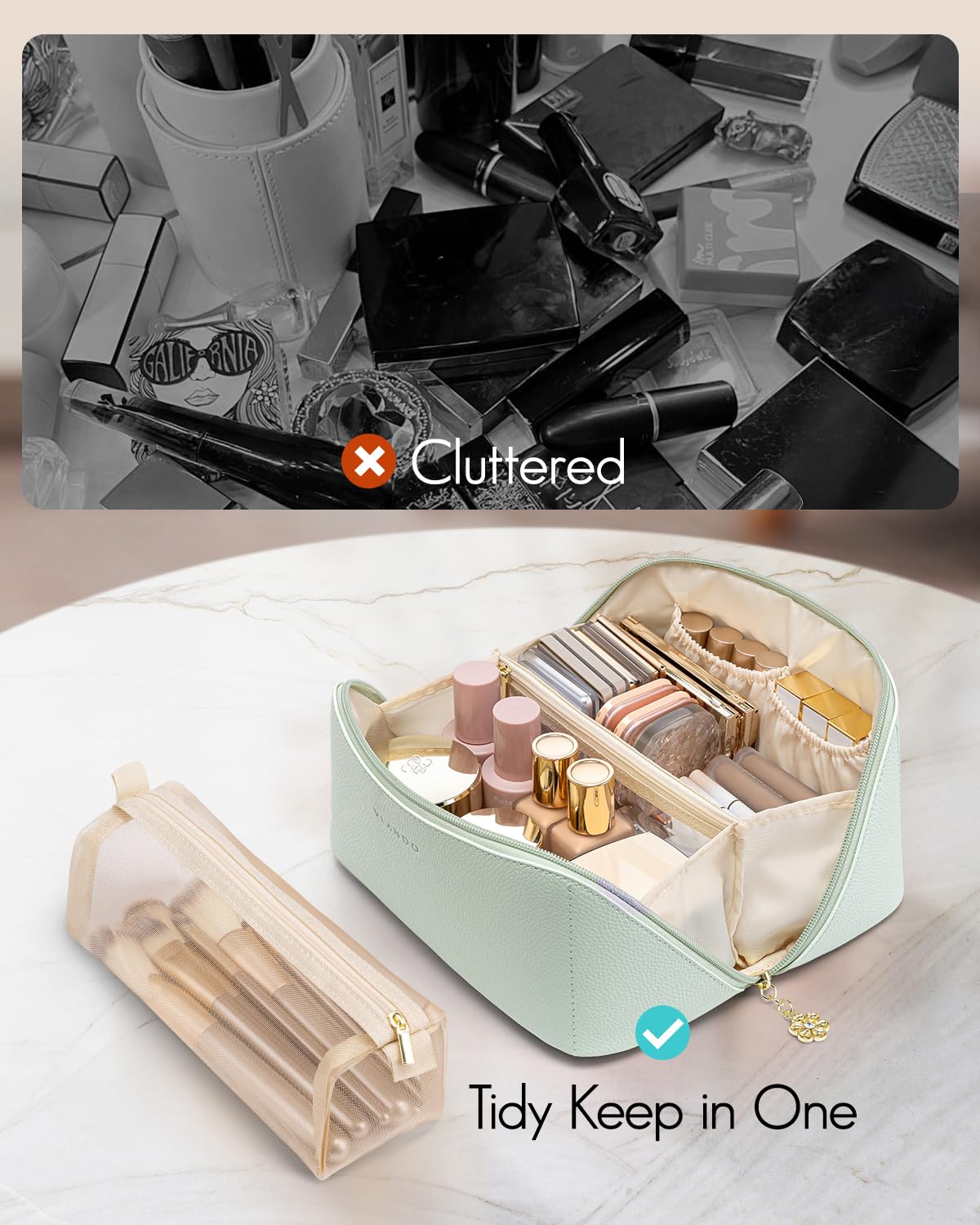 Vlando makeup bag’s 180-degree opening provides easy access on the go