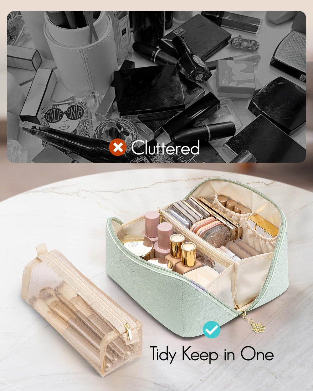 Vlando makeup bag’s 180-degree opening provides easy access on the go