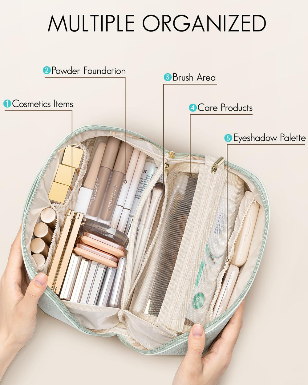 Vlando makeup bag with middle TPU pocket keeps small items sorted