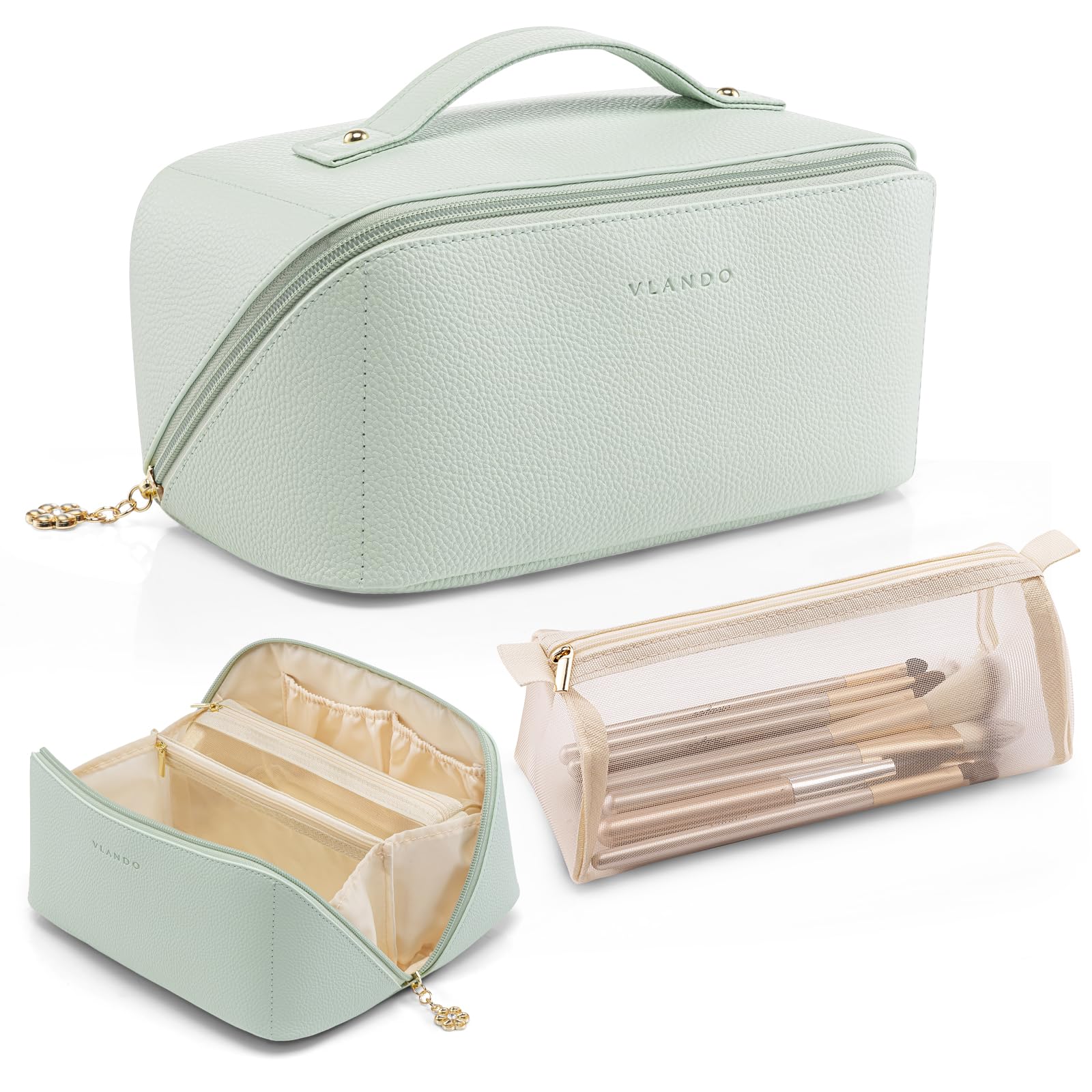 Vlando makeup bag mint green open flat design for quick cosmetic access