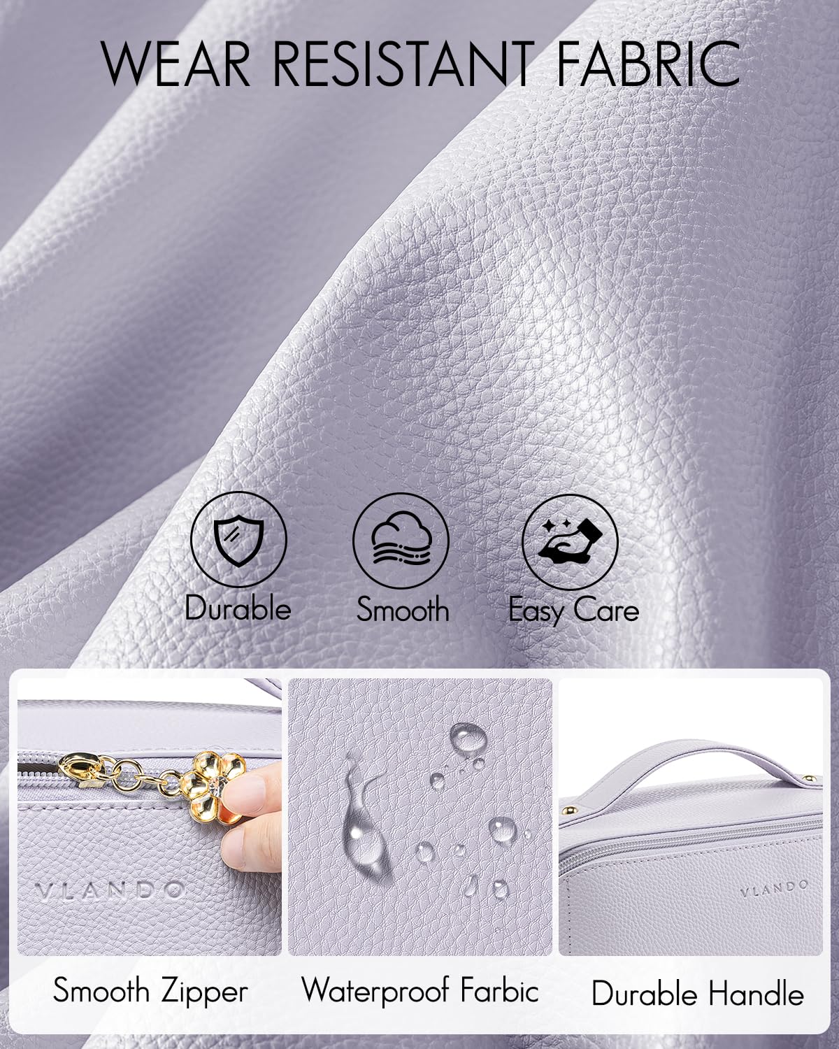 Vlando bag shows multiple compartments for brushes and skincare on business trips.