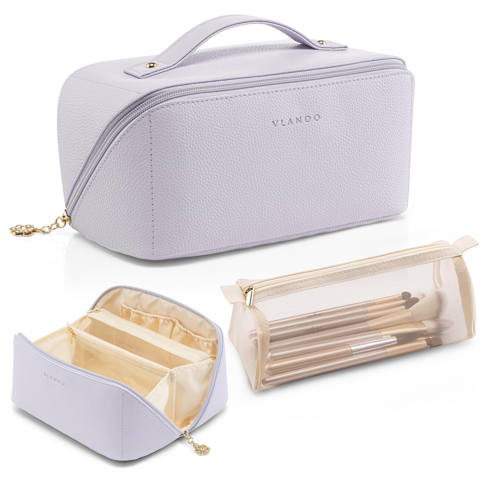 Vlando makeup bag with roomy interior keeps cosmetics organized during travel.