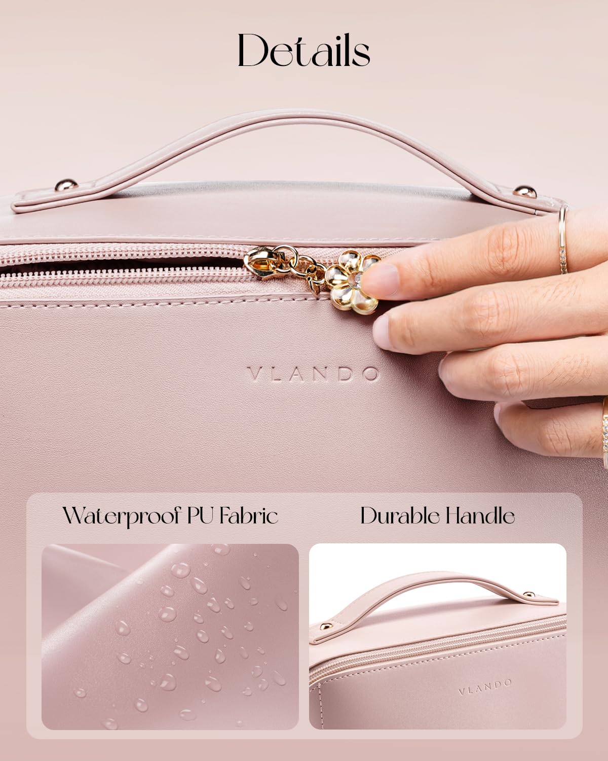 Vlando makeup bag with sturdy handle for easy travel and portability.