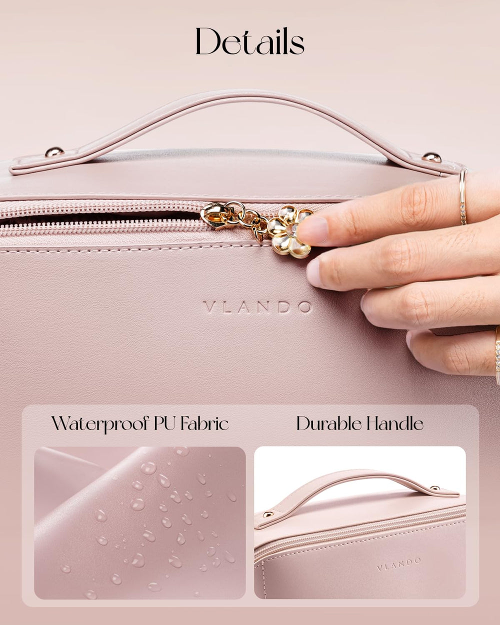 Vlando makeup bag with sturdy handle for easy travel and portability.