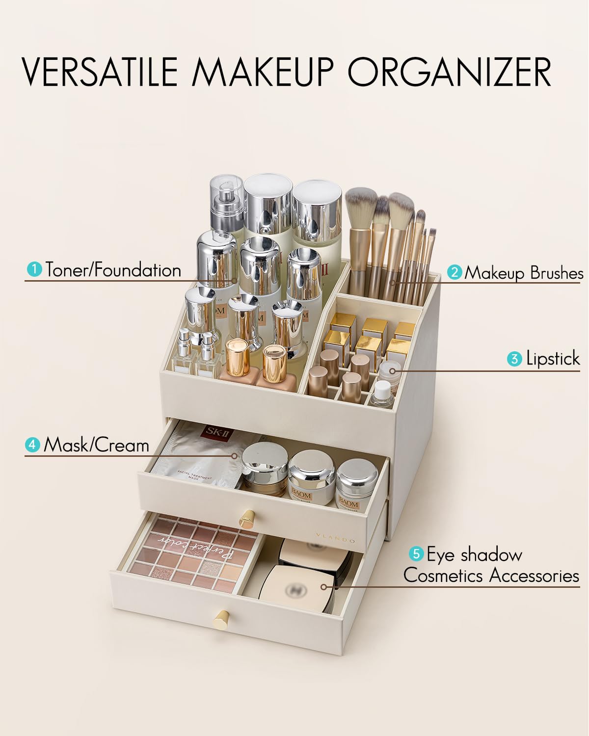 Vlando beige vanity organizer on dresser complements a modern bedroom