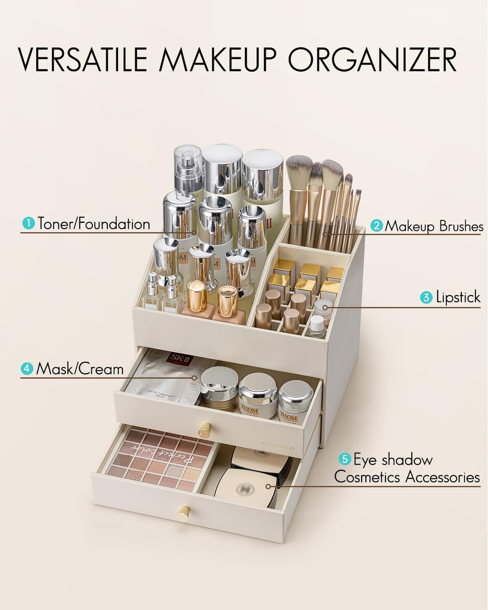 Vlando beige vanity organizer on dresser complements a modern bedroom