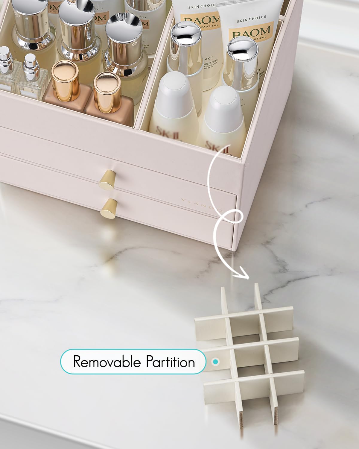 Vlando storage for brushes and skincare keeps items neatly organized.
