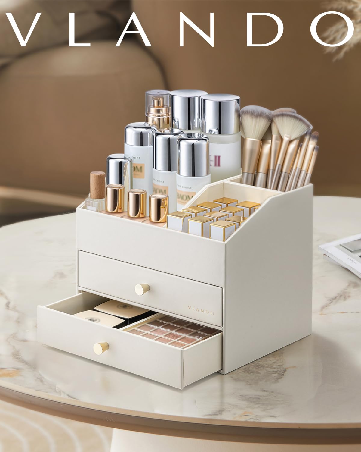 Vlando makeup organizer with drawer system open, showing easy access to cosmetics
