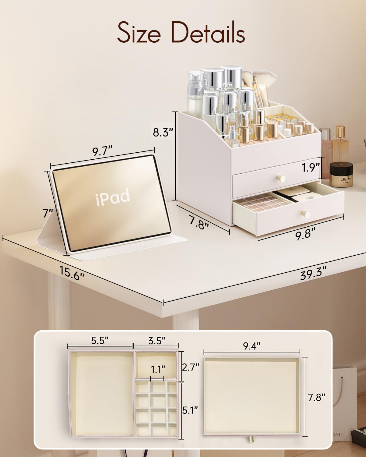 Vlando organizer with top compartment and drawers for easy access to cosmetics.