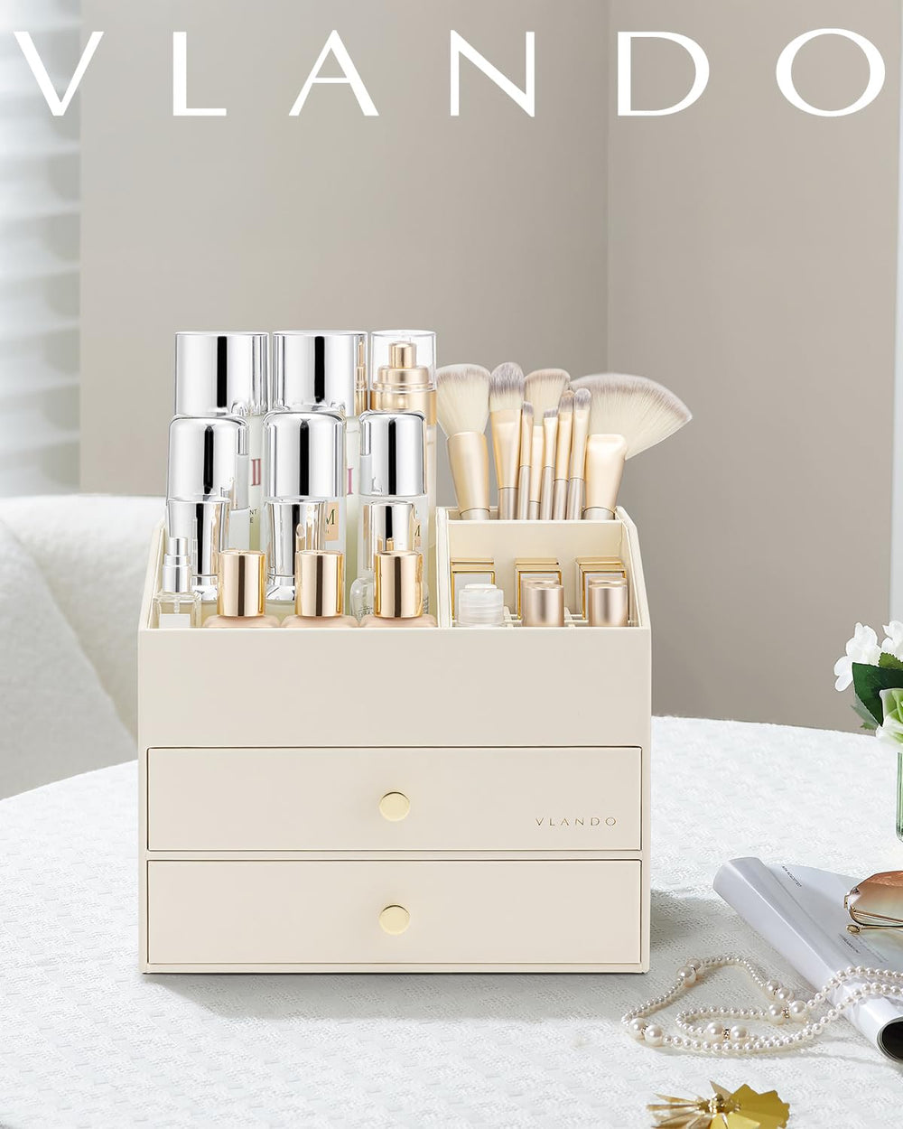 Vlando gift-ready makeup organizer with chic beige aesthetic