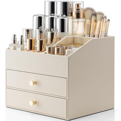 Vlando makeup organizer on beige vanity showing spacious compartments for cosmetics