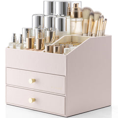 Vlando makeup organizer vanity in white-apricot finish for clutter-free countertops.
