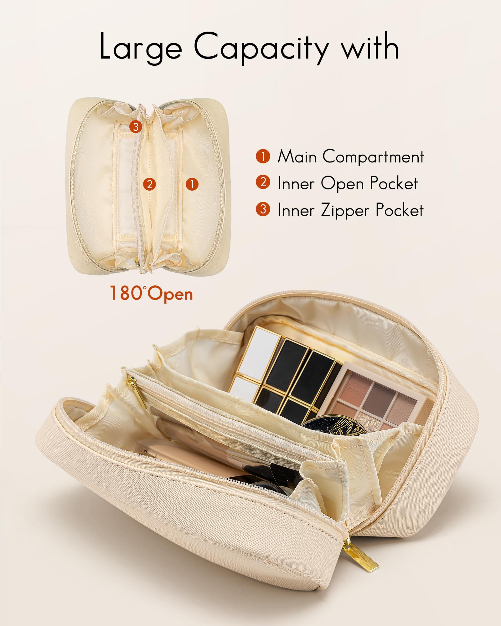 Vlando PVC stain-resistant zipper pocket detail secures brushes and puffs.