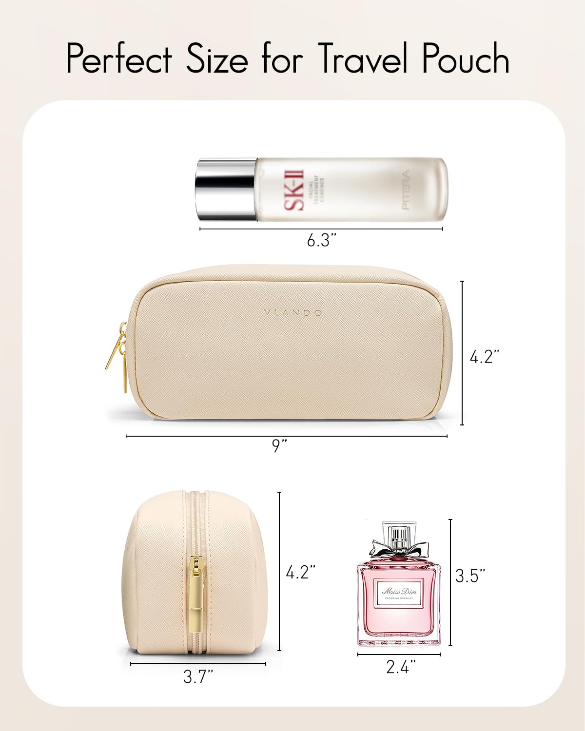 Vlando roomy size nine-by-three-point-seven-by-four-point-two inches fits travel essentials.
