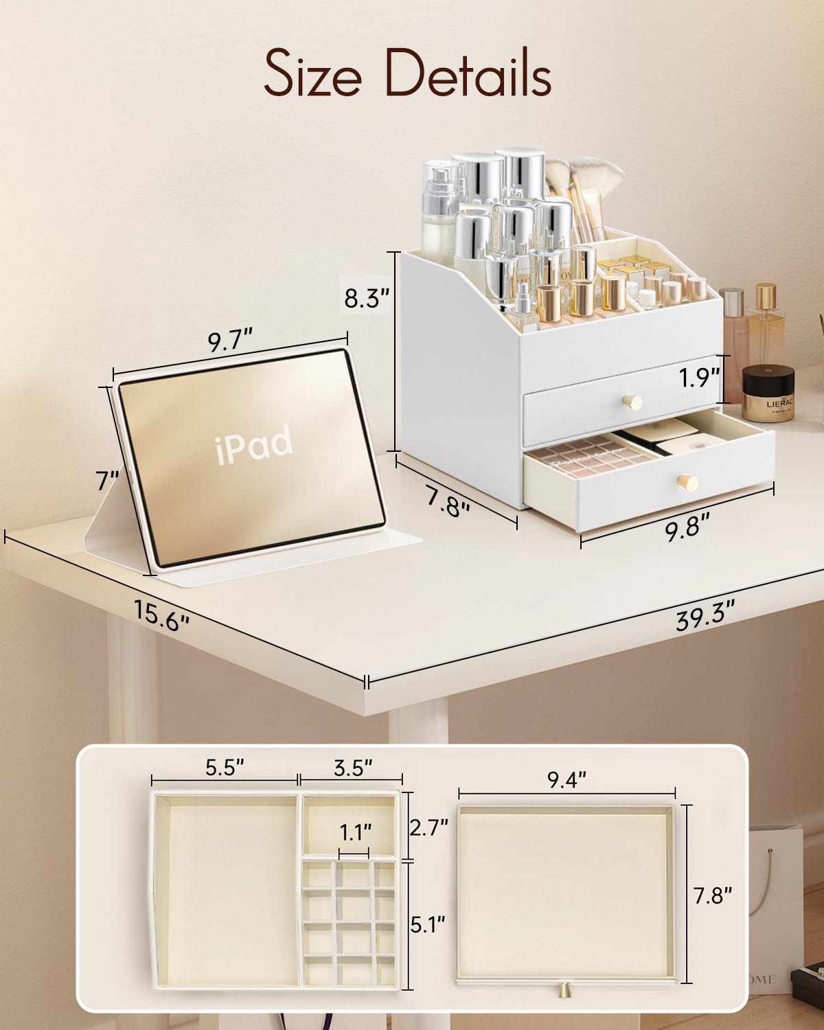 Vlando three-layer drawer stores brushes, skincare, and small items neatly.