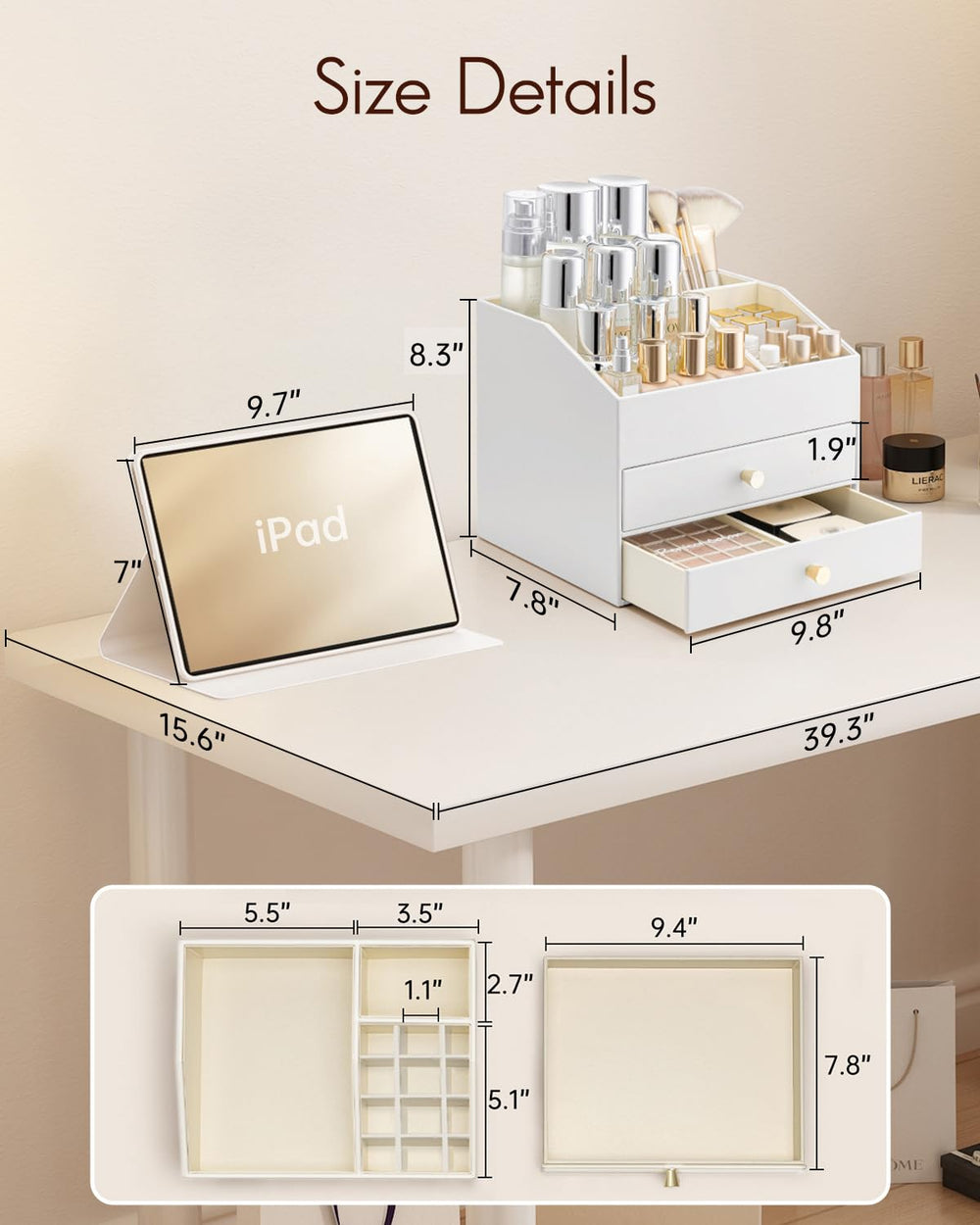 Vlando three-layer drawer stores brushes, skincare, and small items neatly.