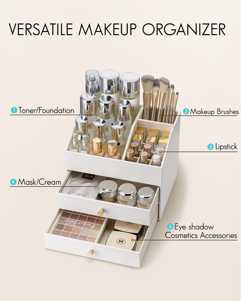 Vlando upper layer stores small items for quick daily access.